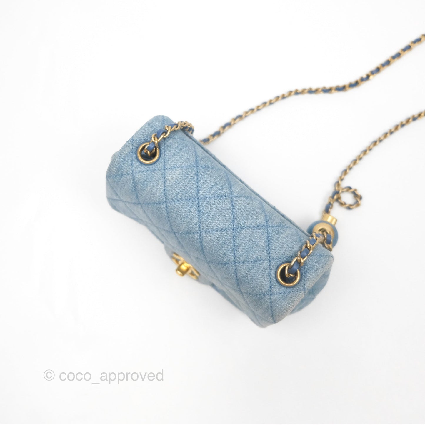 Chanel Mini Square Pearl Crush Quilted Denim Aged Gold Hardware