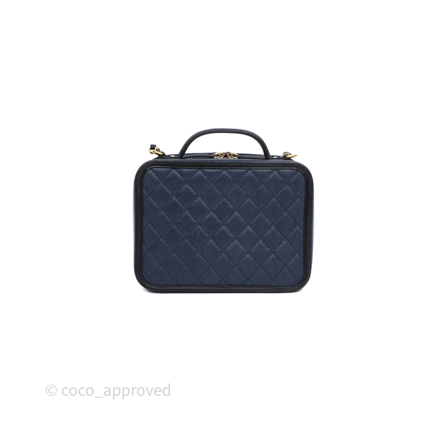 Chanel Quilted Large CC Filigree Vanity Case Navy Black Caviar Aged Gold Hardware