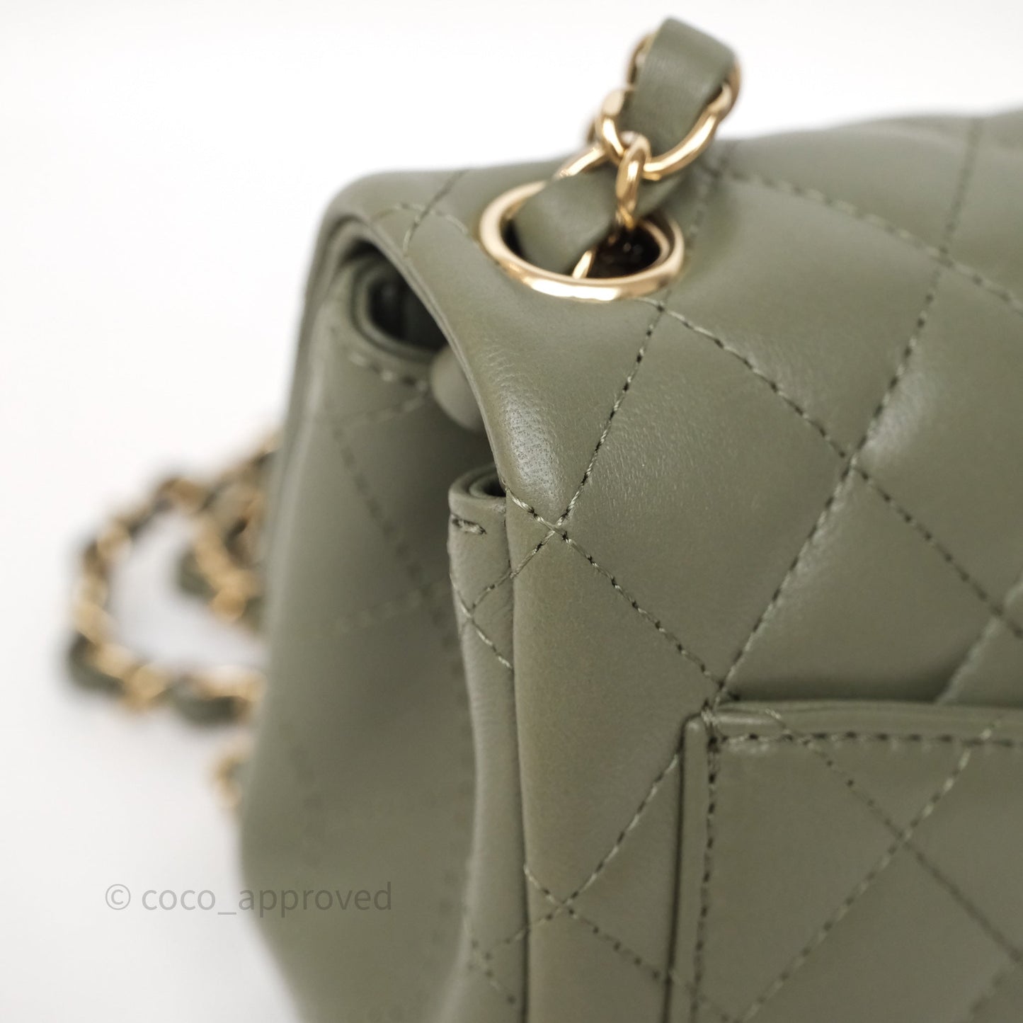 Chanel Quilted Mini Square Olive Green Lambskin Gold Hardware