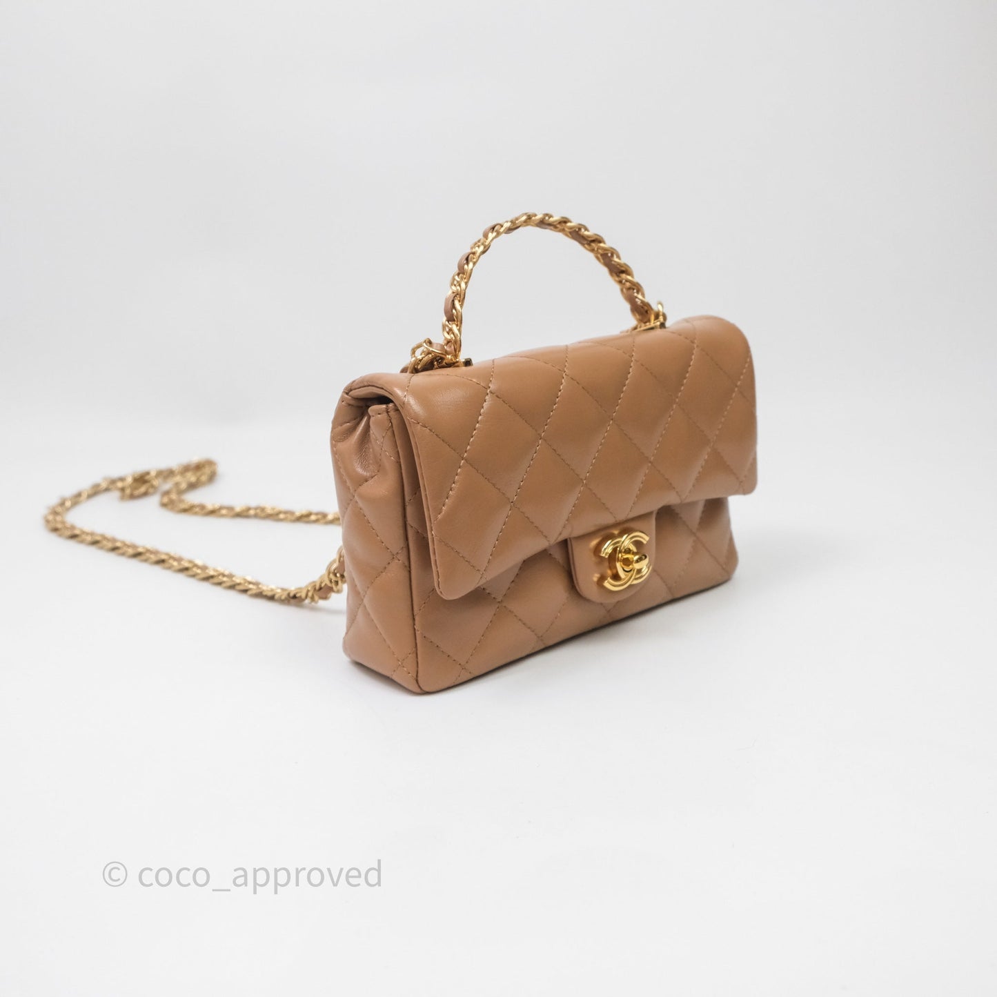 Chanel Top Handle Flap Bag Beige Lambskin Gold Hardware