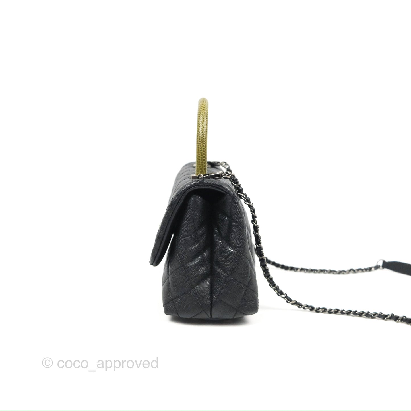 Chanel Small Coco Handle Quilted Black Caviar Ruthenium Hardware Olive Lizard Handle