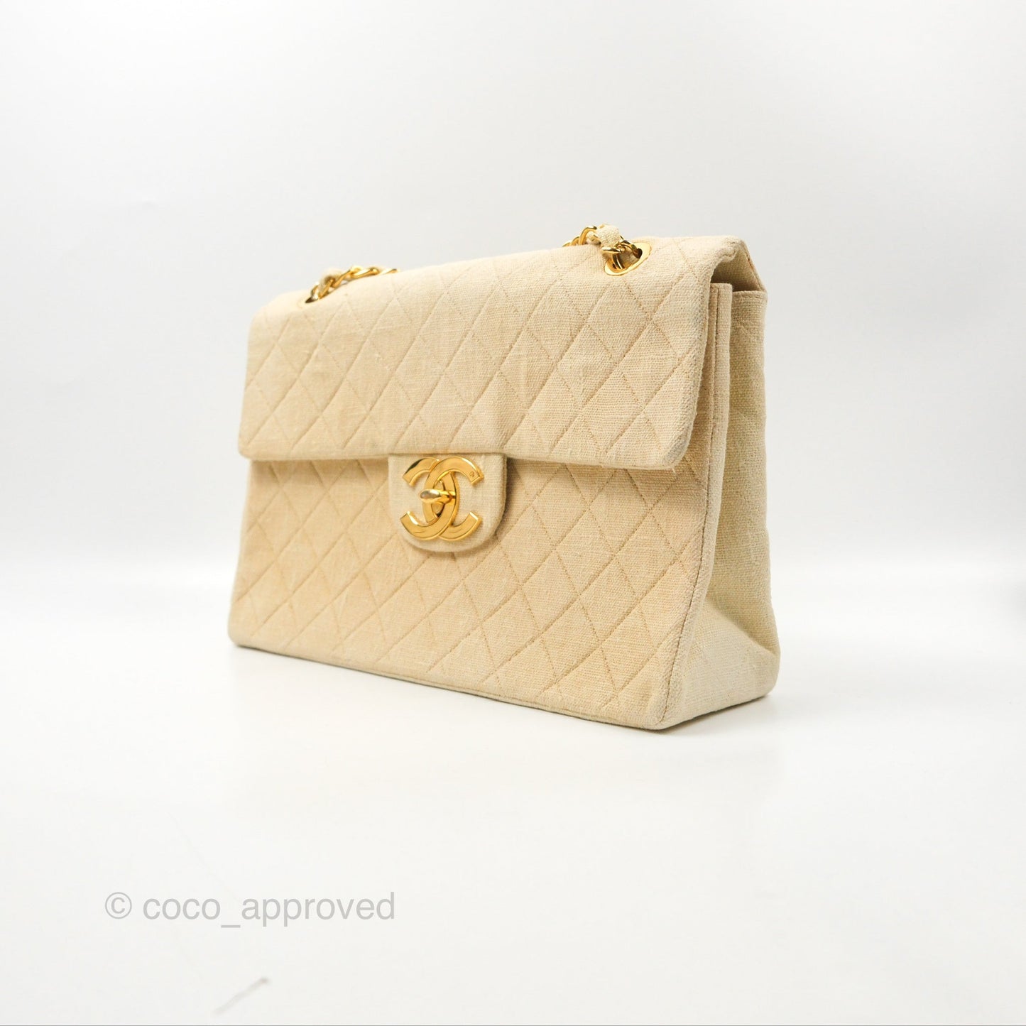 Chanel Vintage XL Jumbo Single Flap Beige Cotton Canvas 24K Gold Hardware