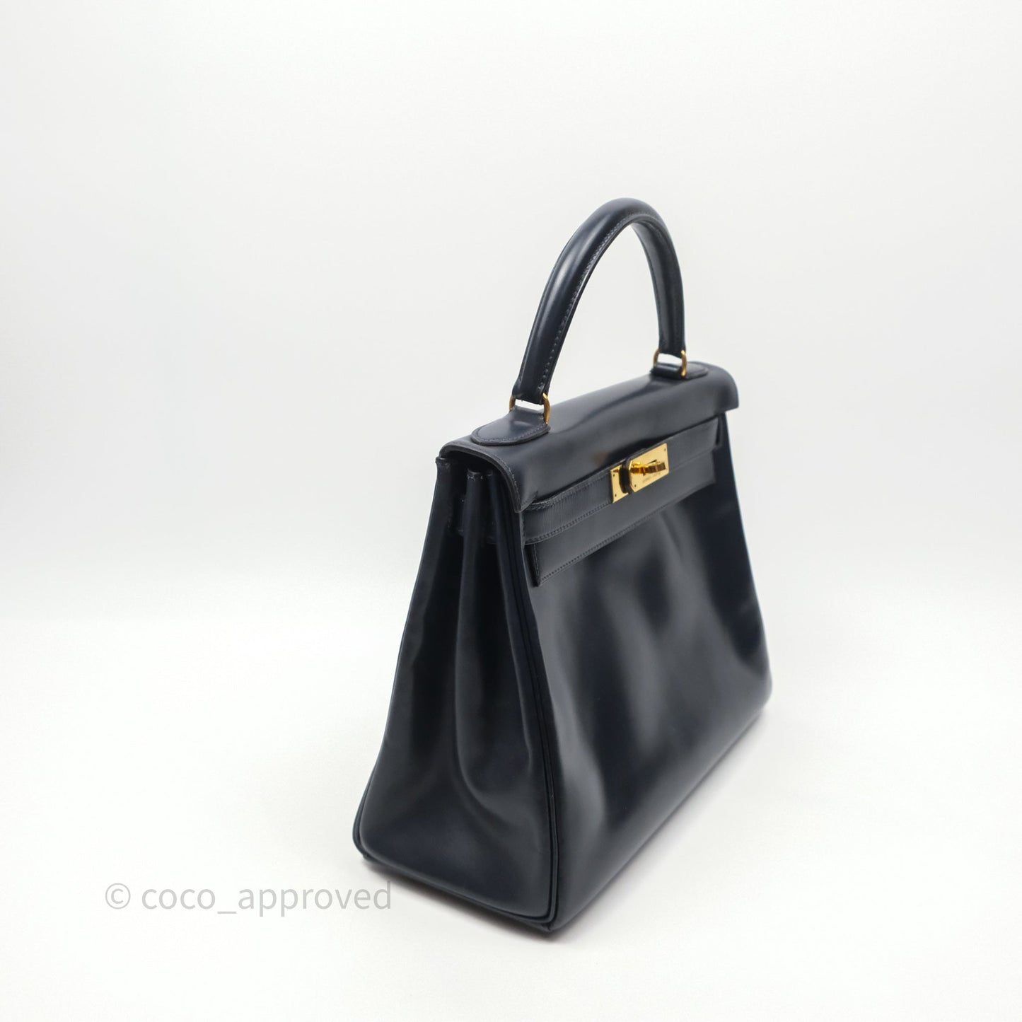Hermès Vintage Kelly 28 Retourn Navy Box Leather Gold Hardware