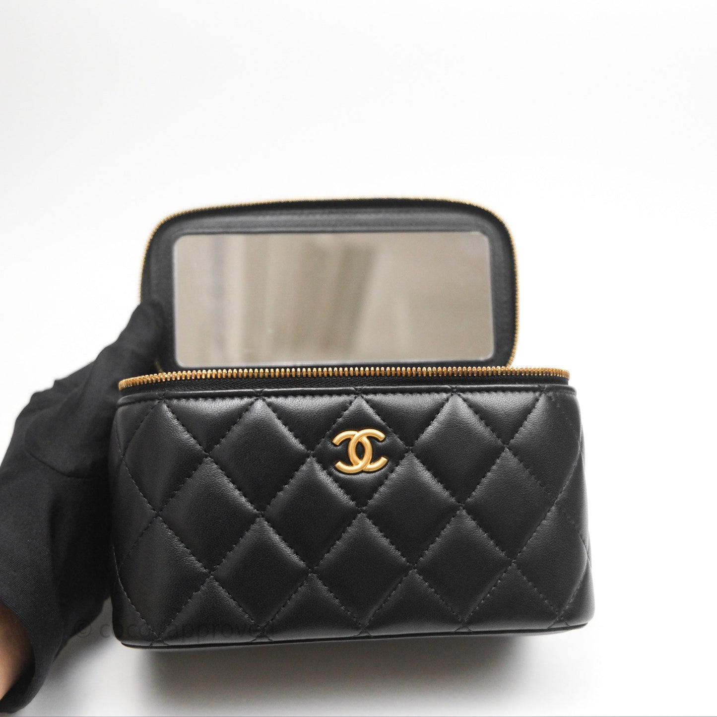 Chanel Vanity with COCO Heart Chain Black Lambskin Aged Gold Hardware