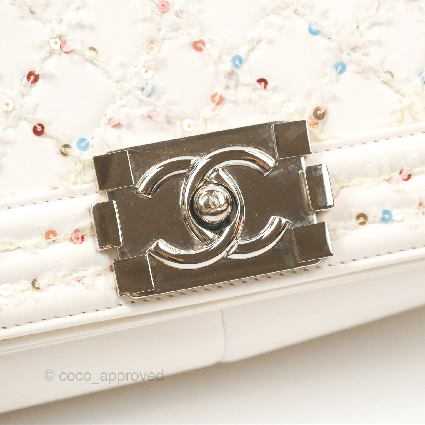 Chanel Medium Boy Sequins Quilted White Lambskin Silver Hardware