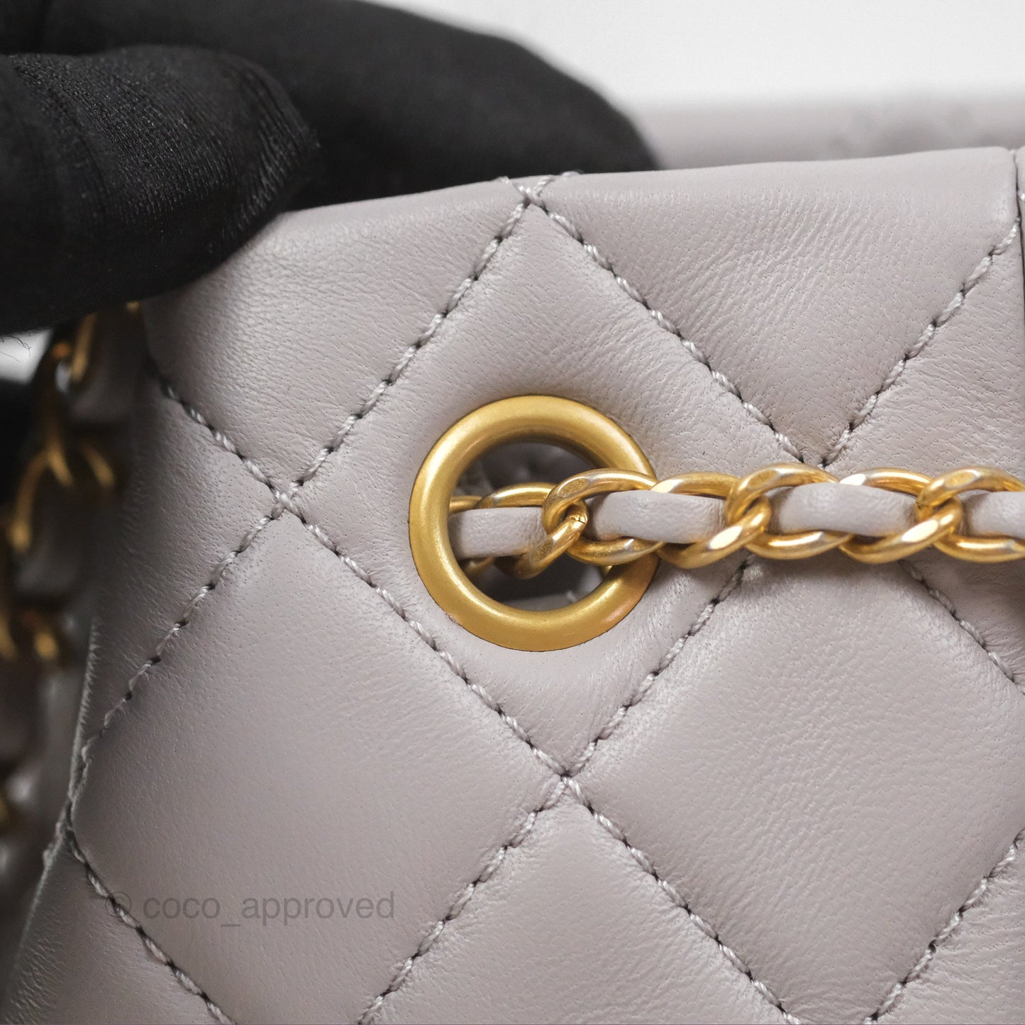Chanel Pearl Crush Drawstring Bucket Bag Grey Lambskin Aged Gold Hardware