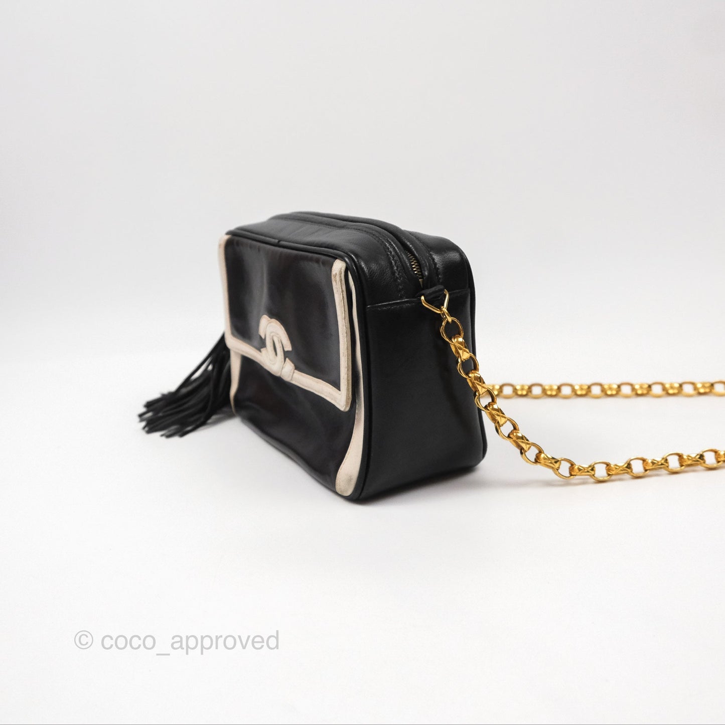 Chanel Vintage White CC Camera Bag Black Lambskin Gold Hardware