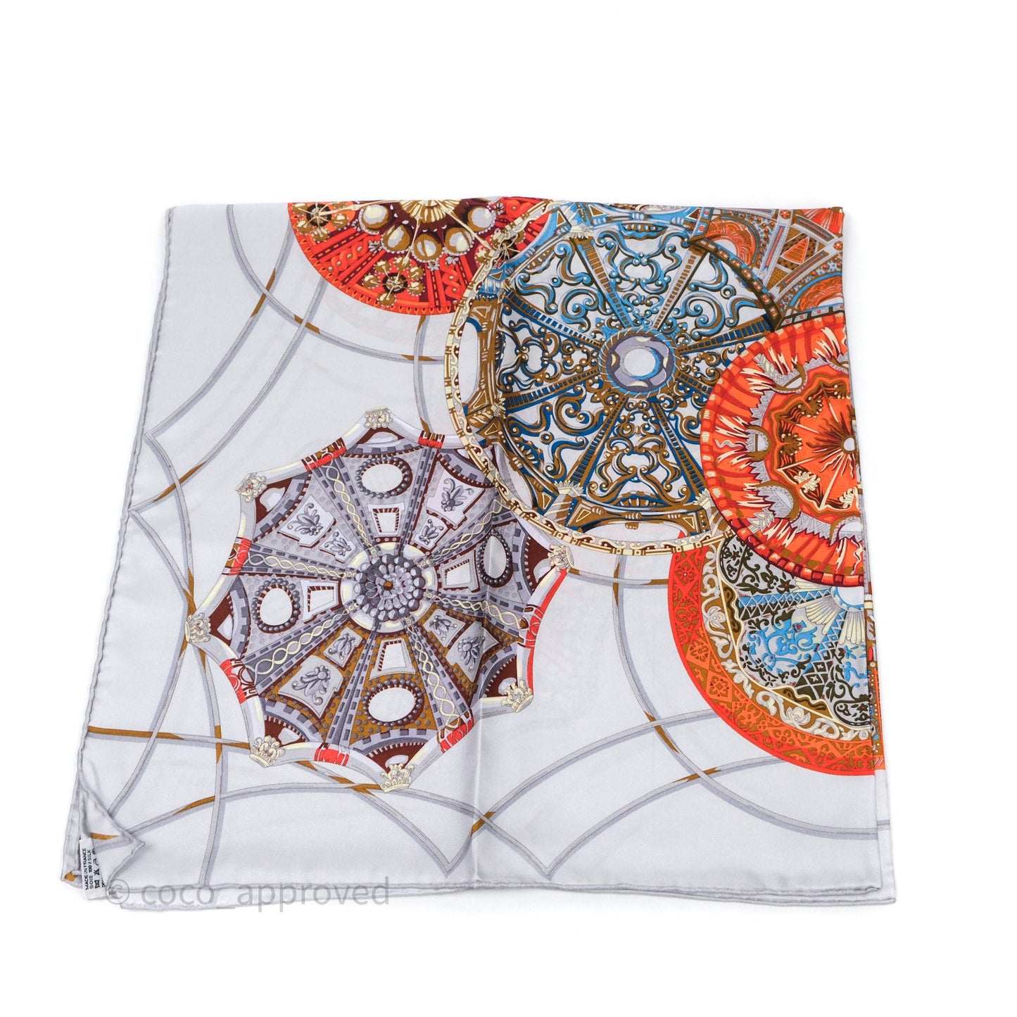 Hermes Les Domes Celestes Scarf 90 Gris Perles Orange Brun Silk Scarf