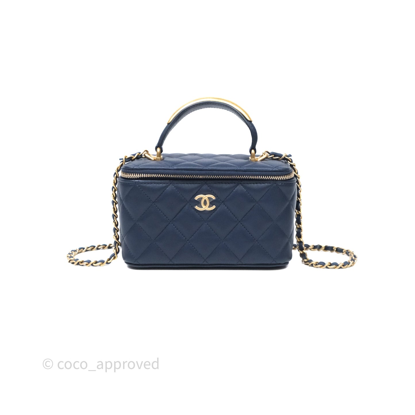 Chanel Vanity Rectangular Metal Top Handle Navy Lambskin Aged Gold Hardware