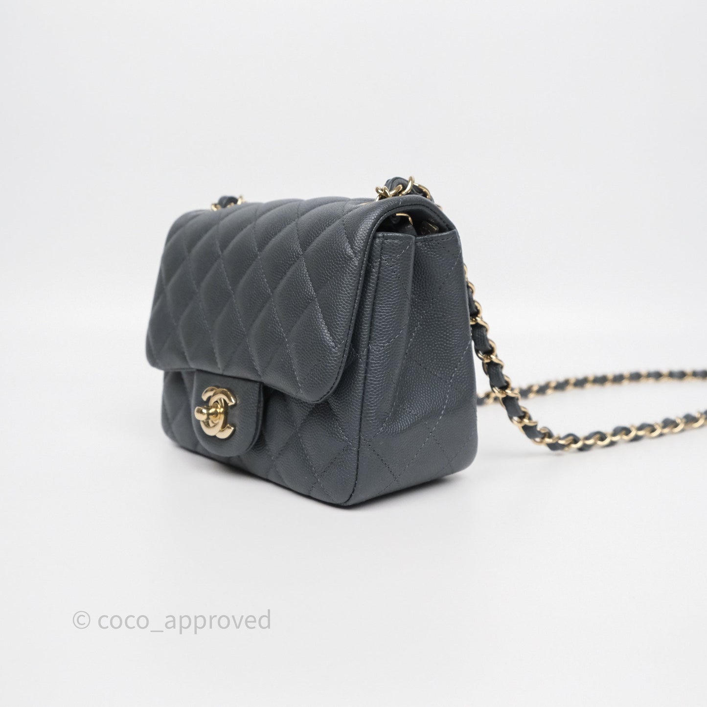 Chanel Mini Square Flap Quilted Dark Grey Blue Caviar Gold Hardware