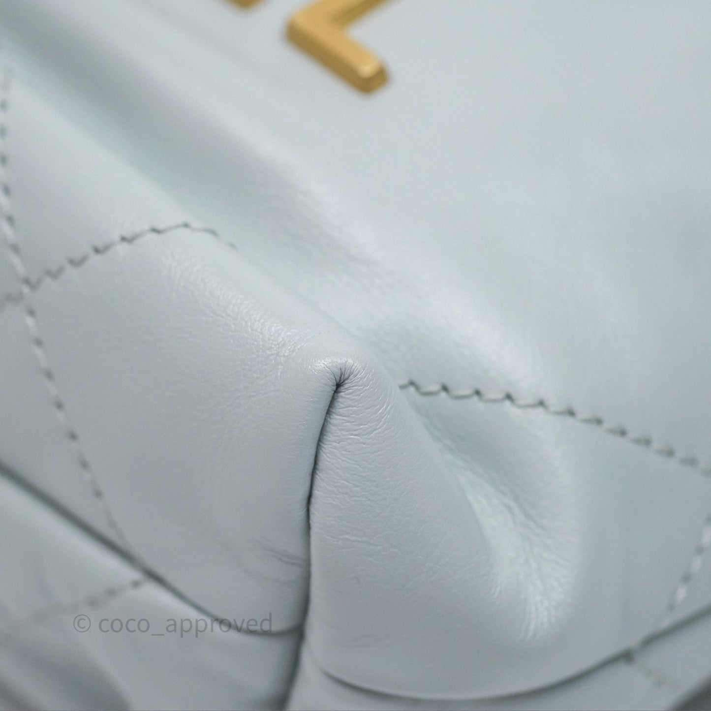 Chanel 22 Mini Bag Blue Grey Shiny Crumpled Calfskin Aged Gold Hardware