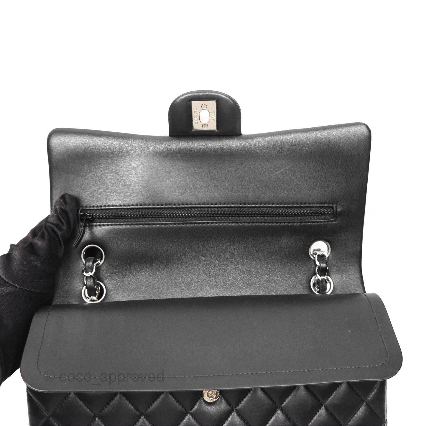 Chanel Classic M/L Medium Flap Quilted Black Lambskin Silver Hardware