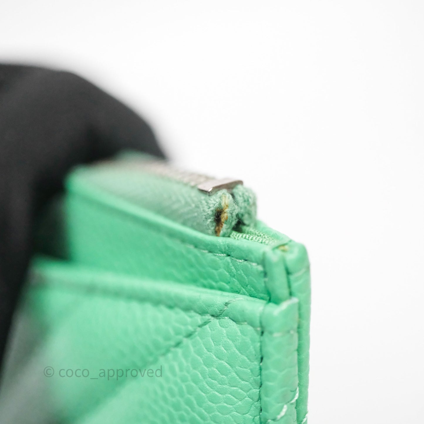 Chanel Long Zip Chevron Green Wallet Silver Hardware