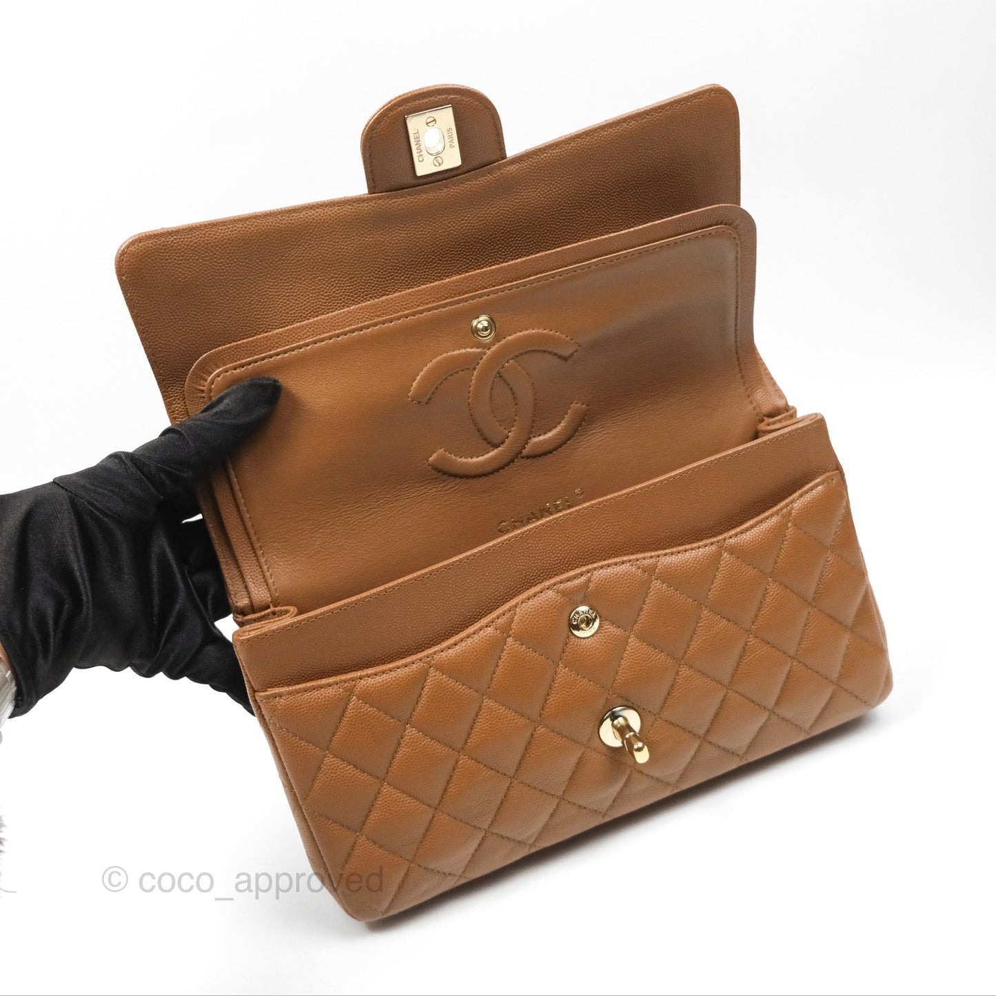 Chanel Classic M/L Medium Flap Quilted Brown Caviar Gold Hardware 17C