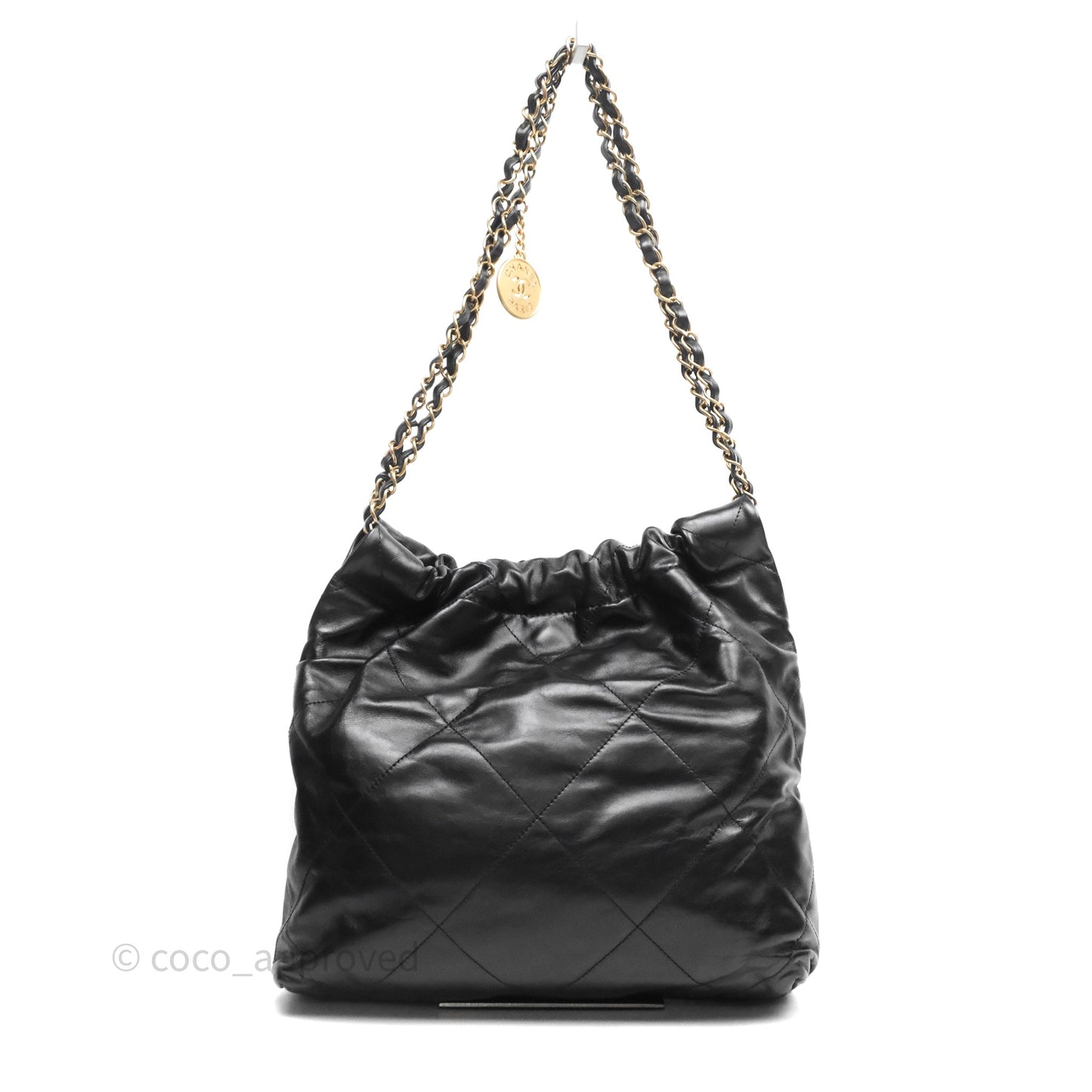 Chanel 22 Bag Small Black Shiny Calfskin Aged Gold Hardware