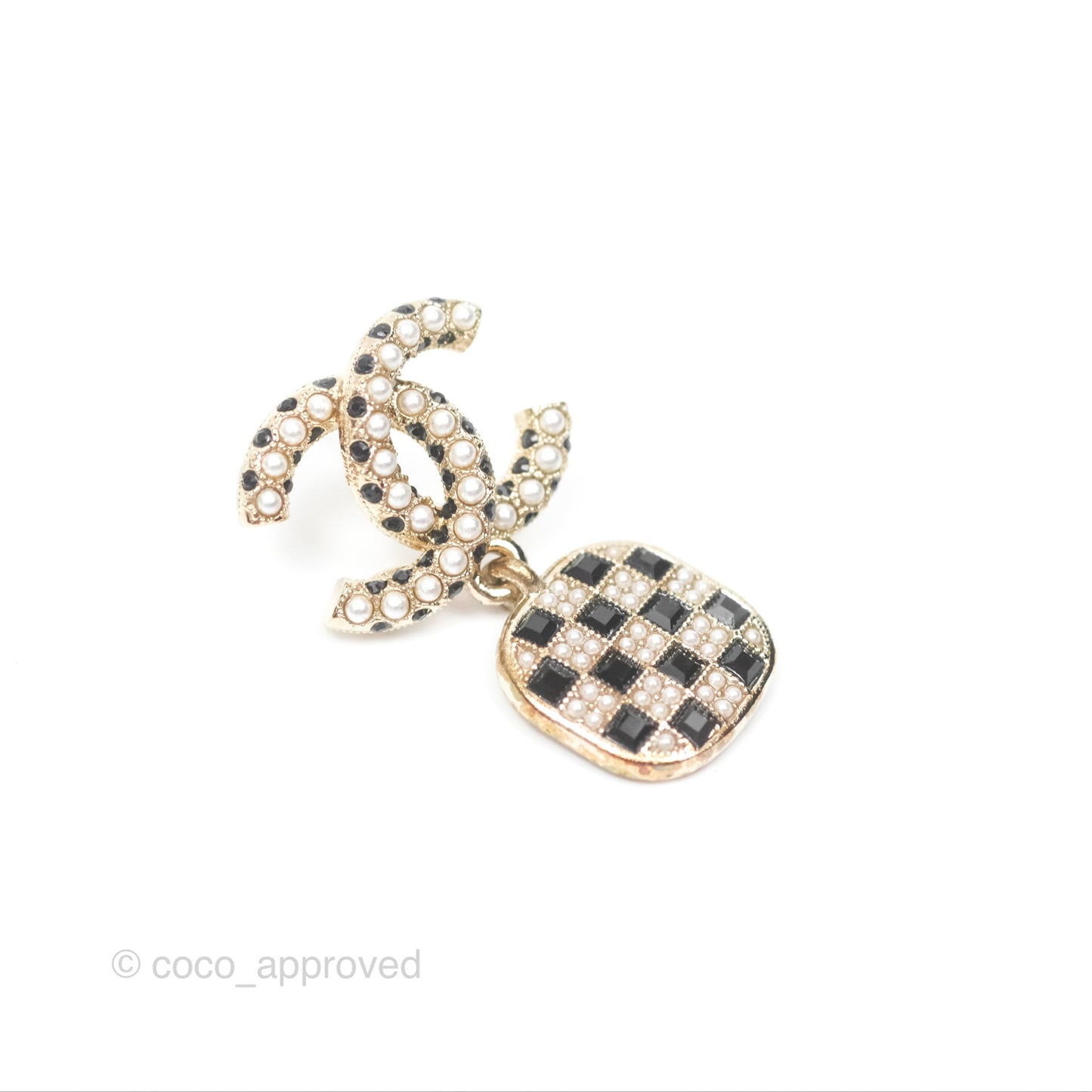 Chanel CC Pearl Black Resin Drop Earrings Gold Tone 21A