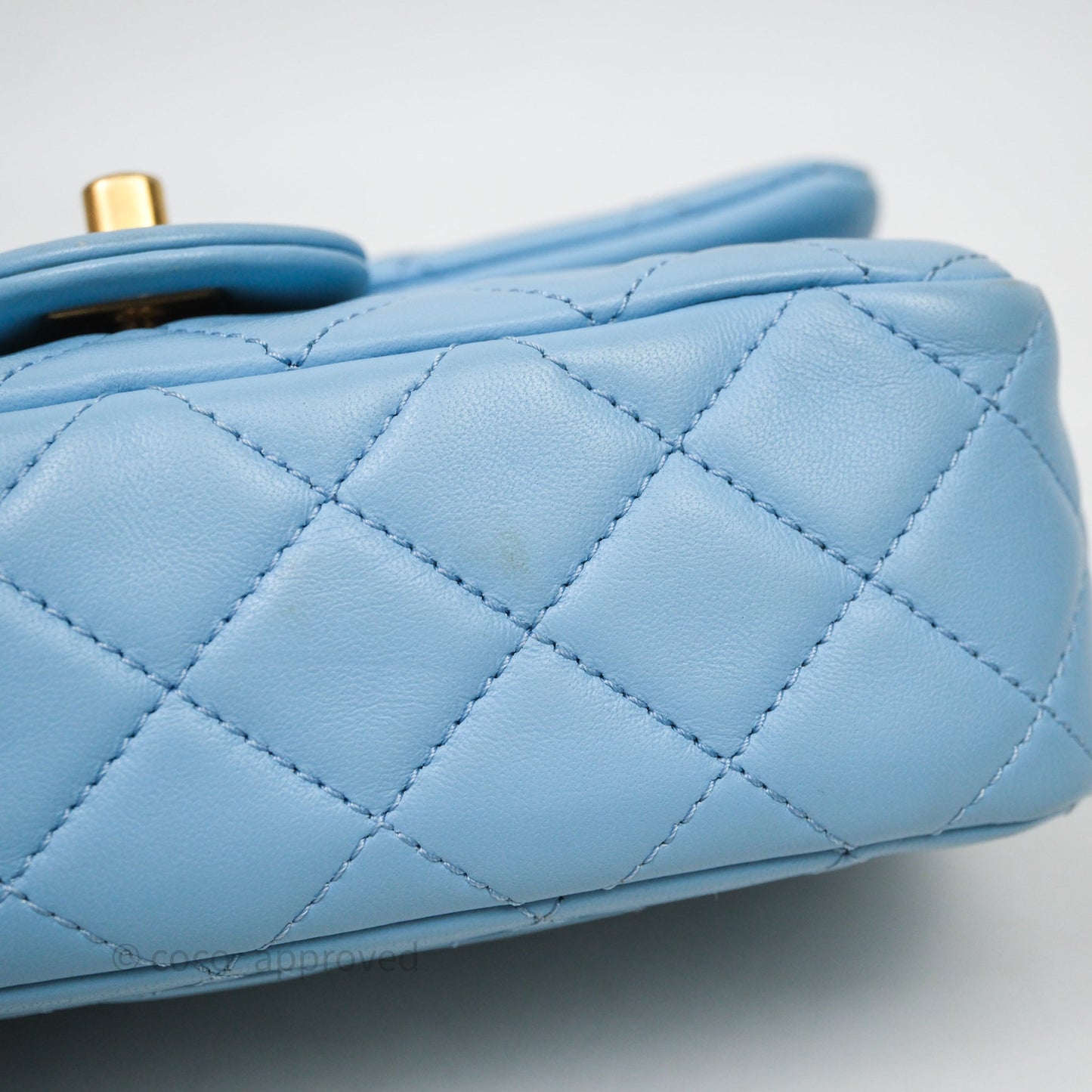 Chanel Mini Rectangular Pearl Crush Quilted Blue Lambskin Aged Gold Hardware