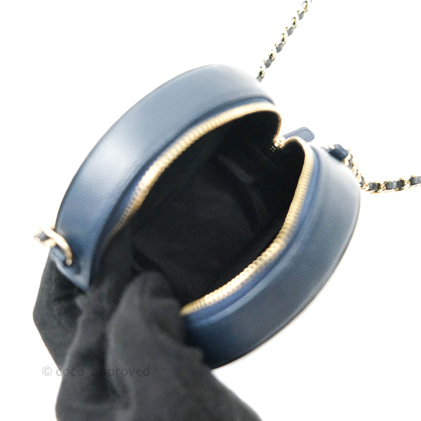 Chanel Quilted Round Filigree Clutch With Chain Navy Black Caviar Gold Hardware