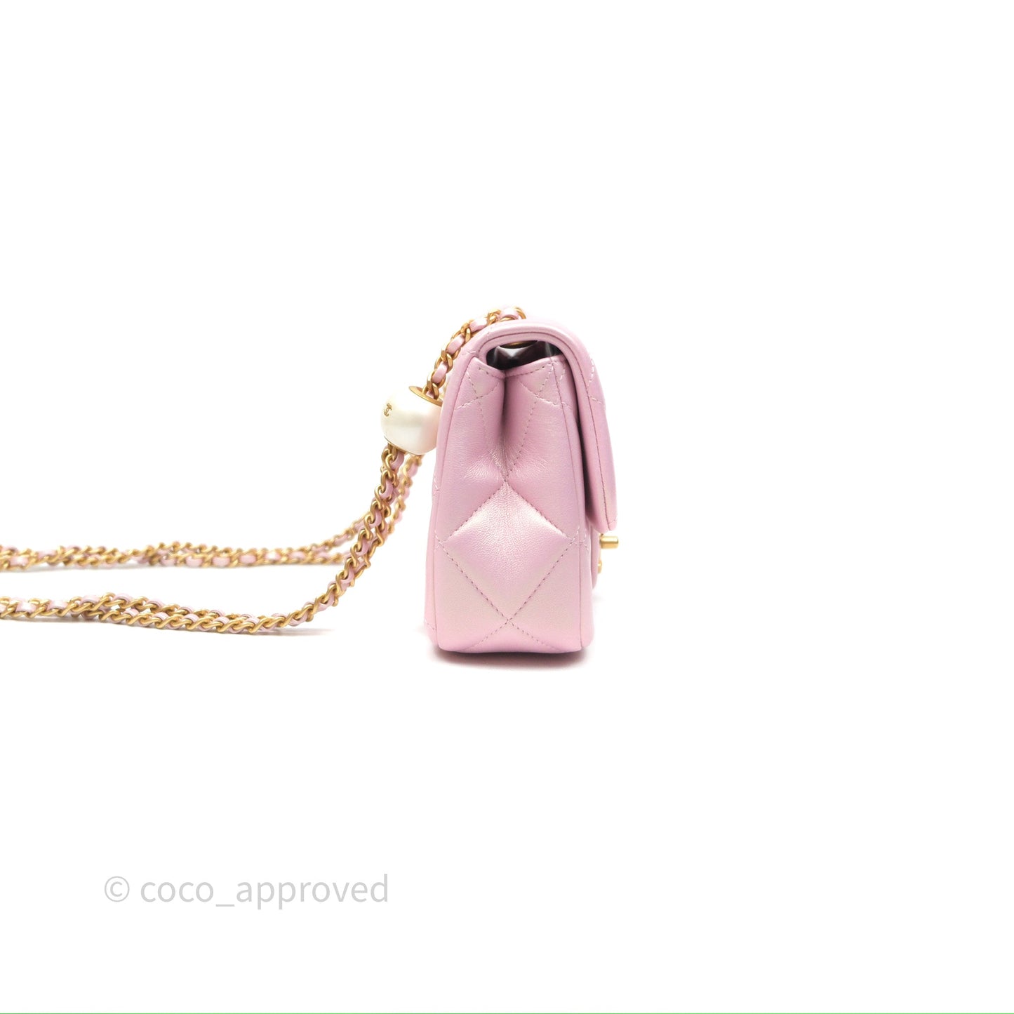 Chanel Mini Flap Bag With Pearl Adjustable Chain Iridescent Pink Lambskin Aged Gold Hardware