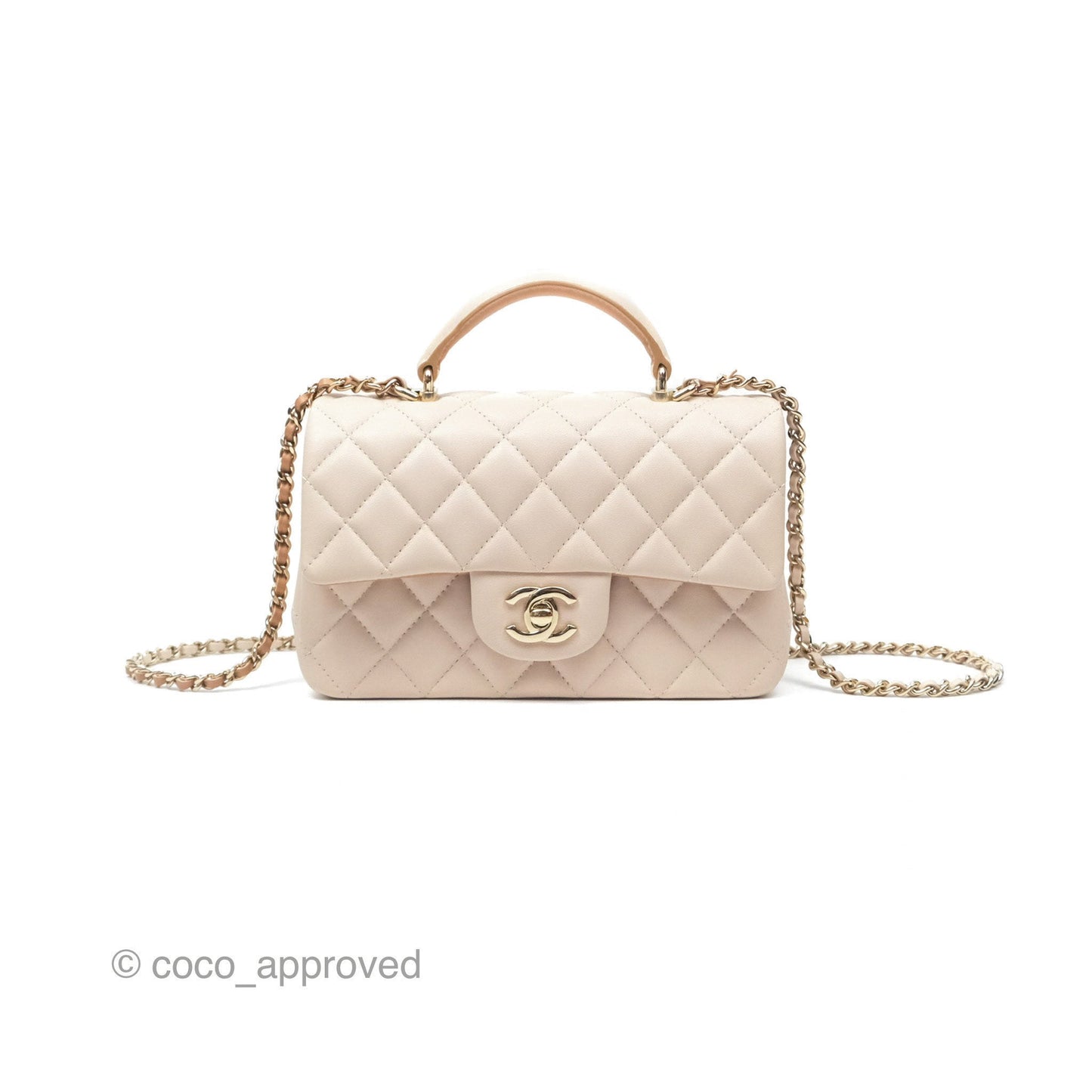 Chanel Top Handle Mini Rectangular Flap Bag Ecru/Beige Lambskin Gold Hardware 23P