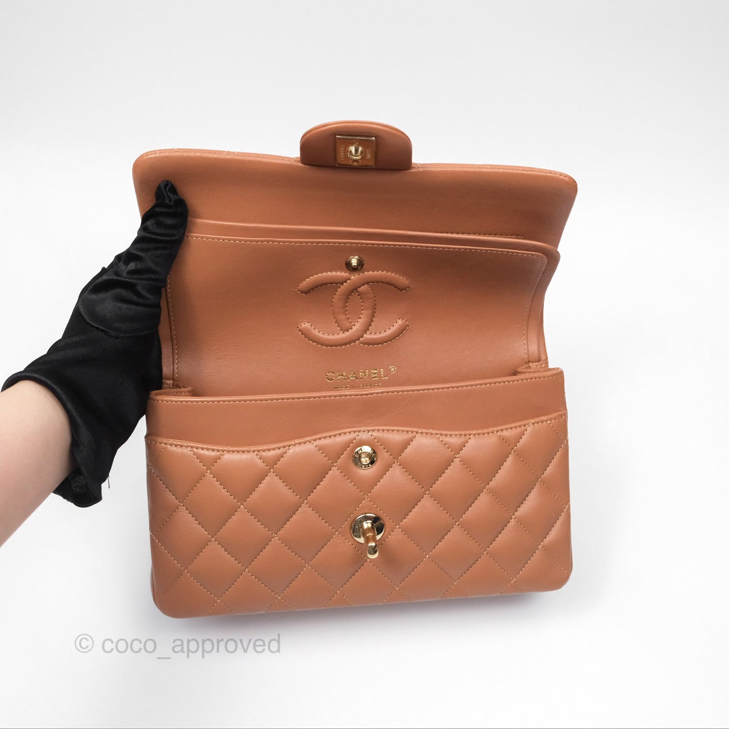 Chanel Small Classic Quilted Flap Dark Beige Caramel Lambskin Gold Hardware