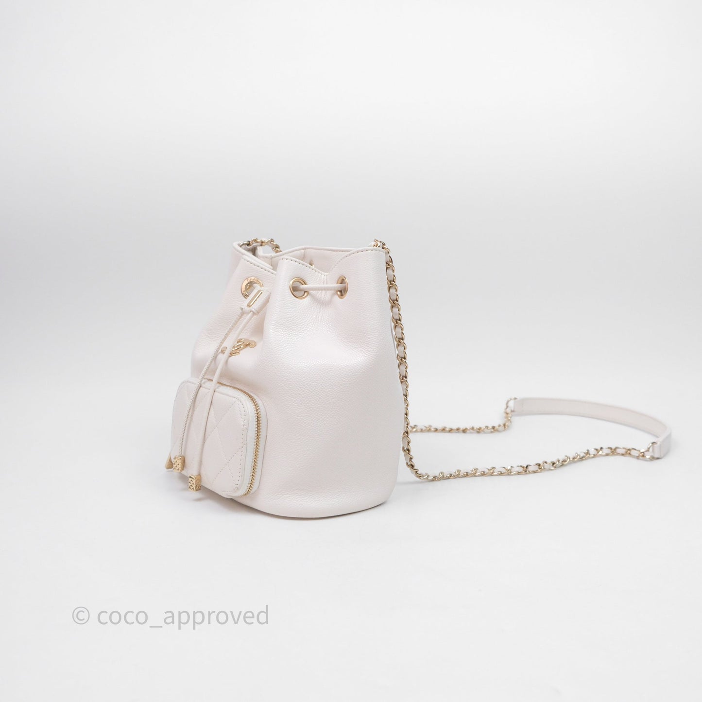 Chanel Business Affinity Drawstring Bucket Bag White Caviar Gold Hardware