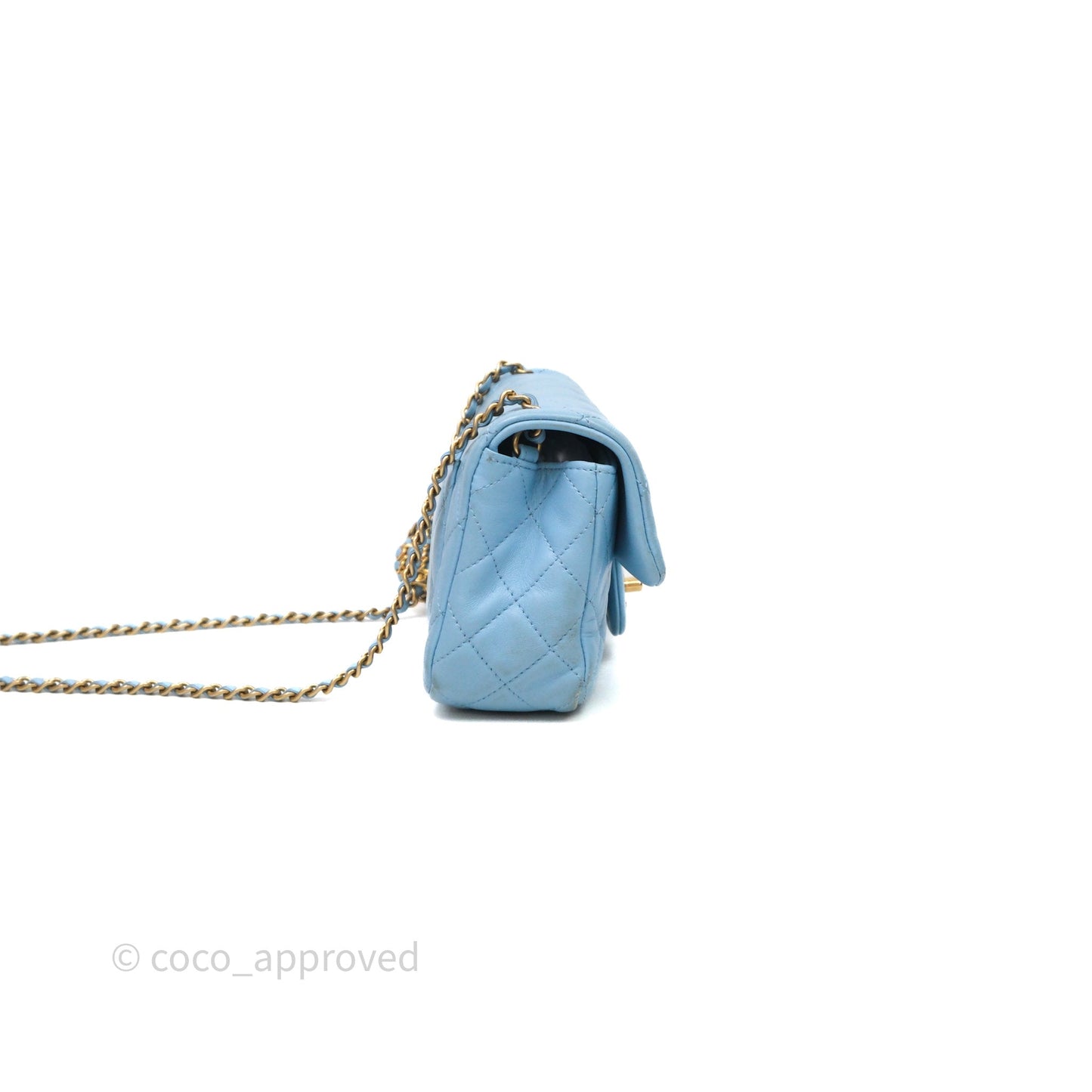 Chanel Mini Rectangular Pearl Crush Quilted Blue Lambskin Aged Gold Hardware