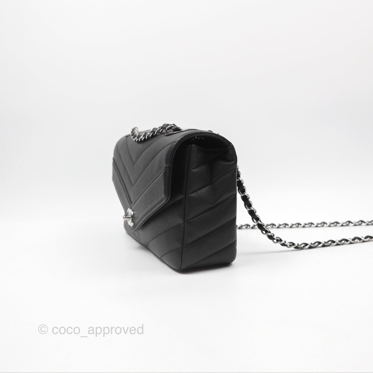Chanel Chevron Flap Bag Black Caviar Silver Hardware