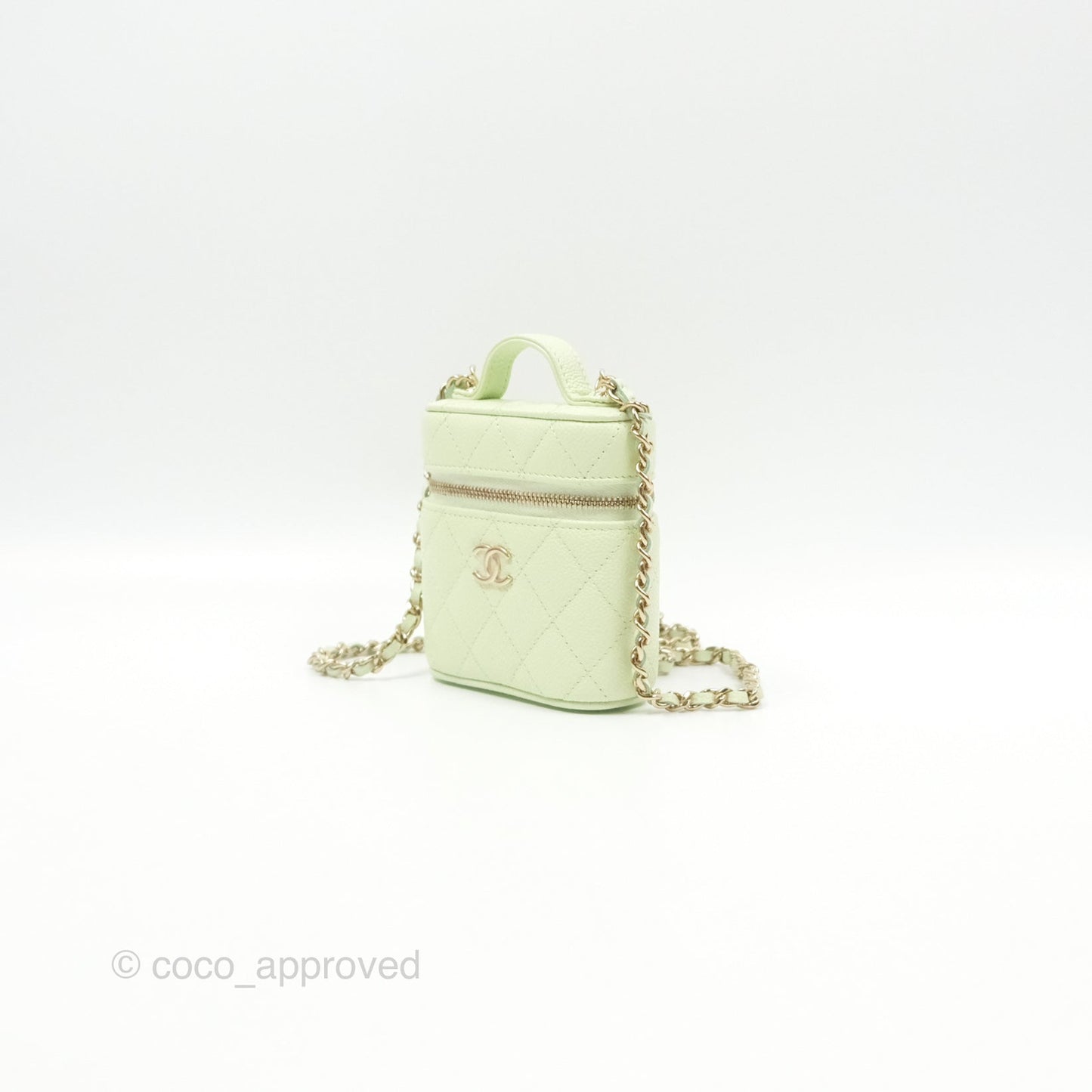 Chanel Quilted Small Handle With Care Vanity Case With Chain Green Caviar Gold Hardware