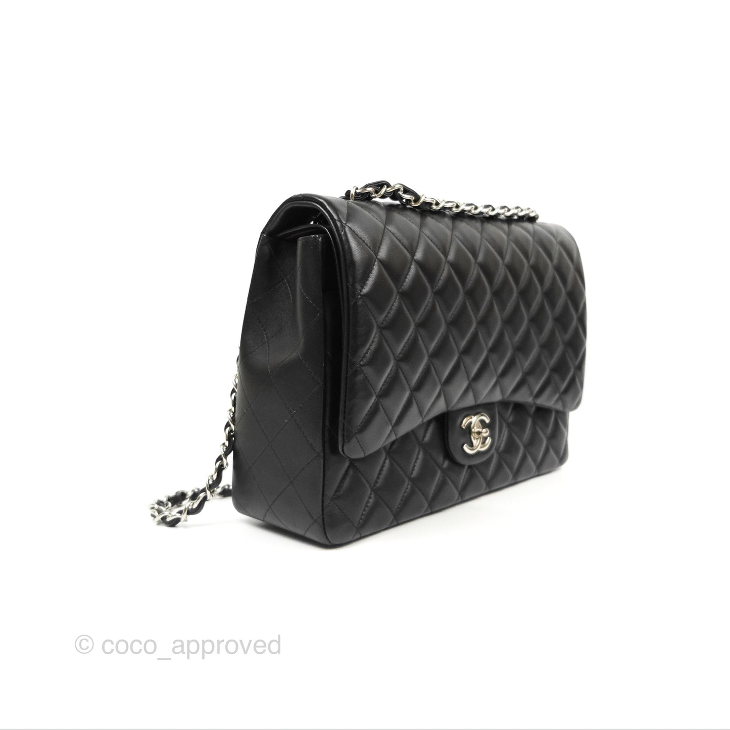 Chanel Quilted Maxi Double Flap Black Lambskin Silver Hardware