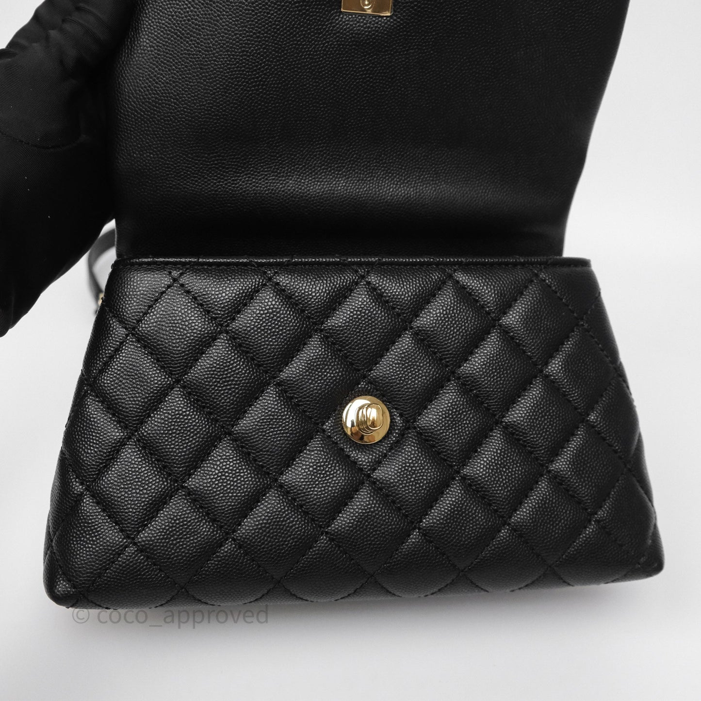 Chanel Small Coco Handle Quilted Black Caviar Gold Hardware Lizard Handle