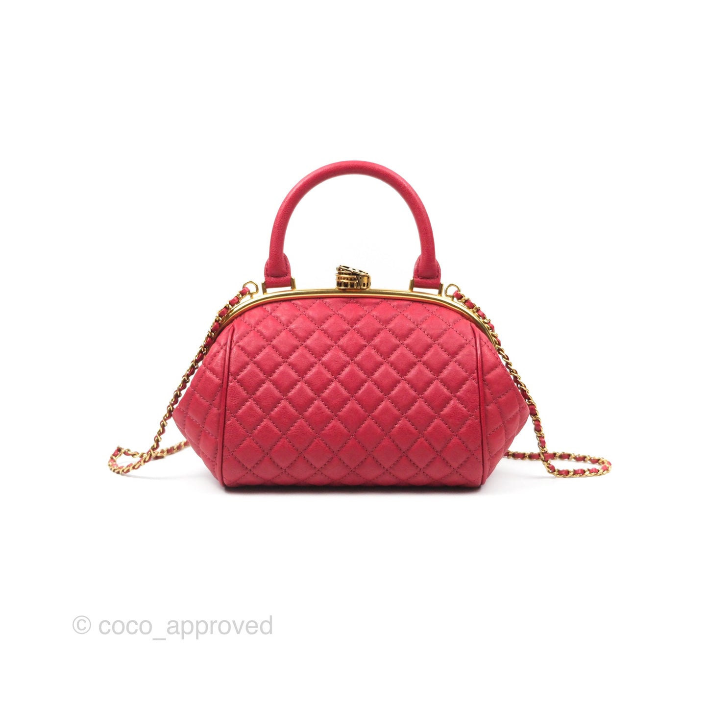 Chanel Quilted Kisslock Handbag With Chain Red Calfskin Gold Hardware