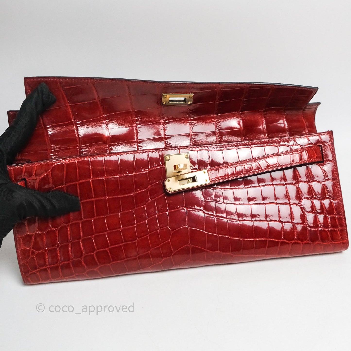 Hermes Kelly Cut Rouge H Shiny Niloticus Crocodile Gold Hardware