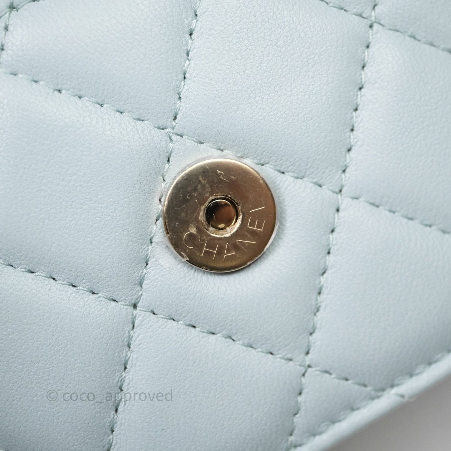 Chanel Mini Handle Flap Coin Purse With Chain Light Blue Lambskin Gold Hardware
