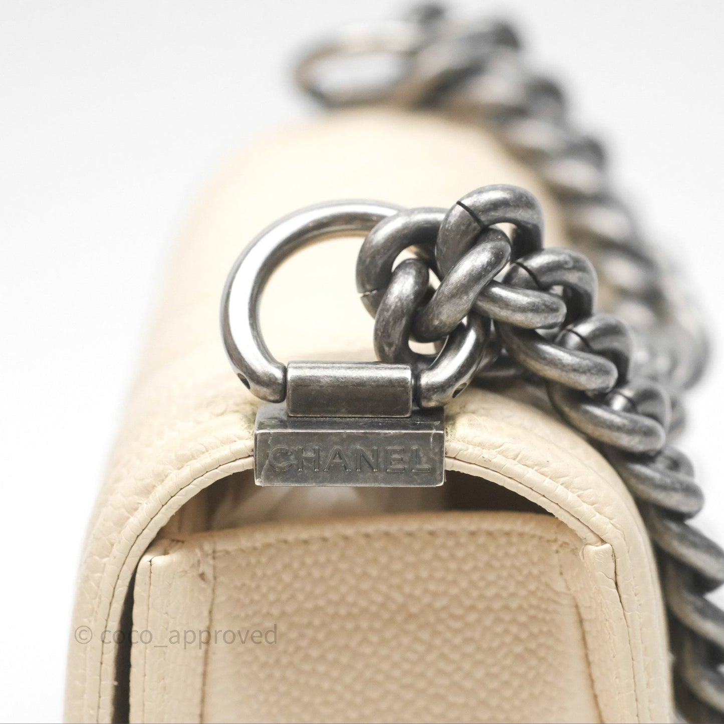 Chanel Small Boy Chevron Beige Caviar Ruthenium Hardware