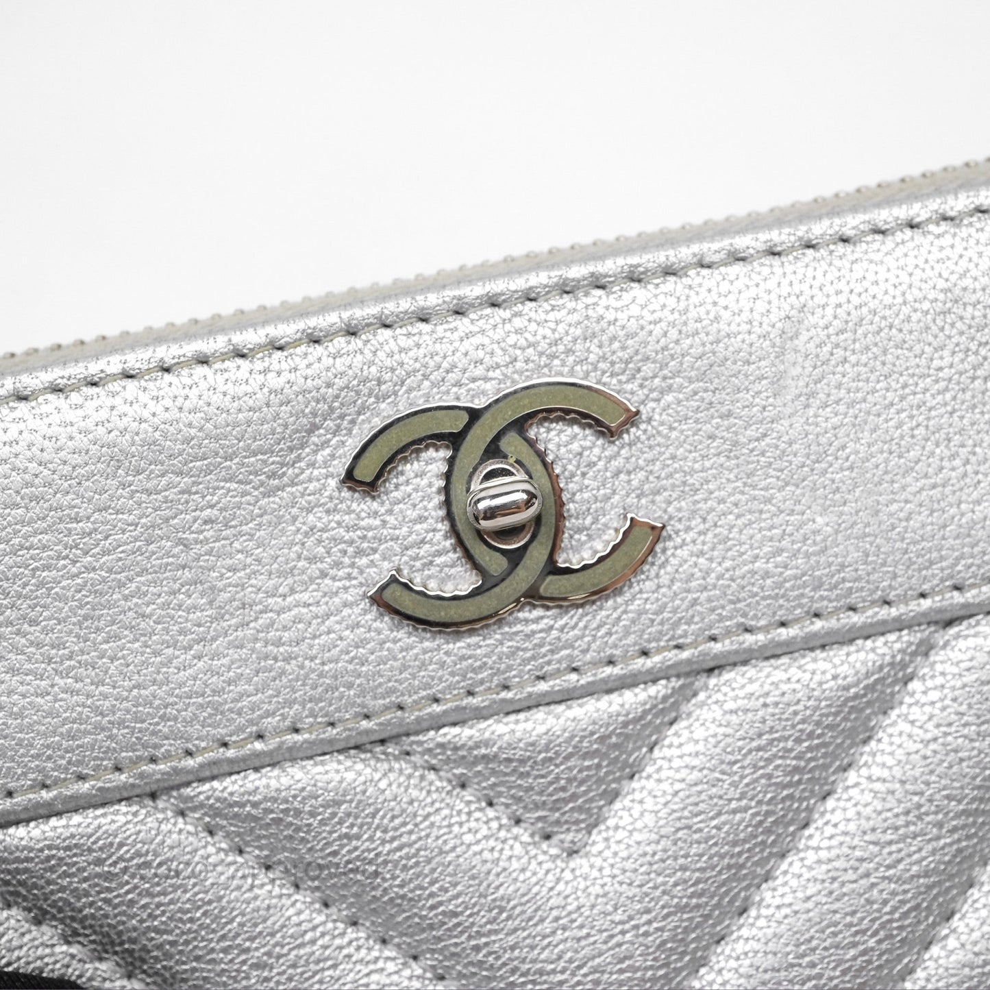 Chanel Mini Chevron Mademoiselle O Case Silver Goatskin Silver Hardware