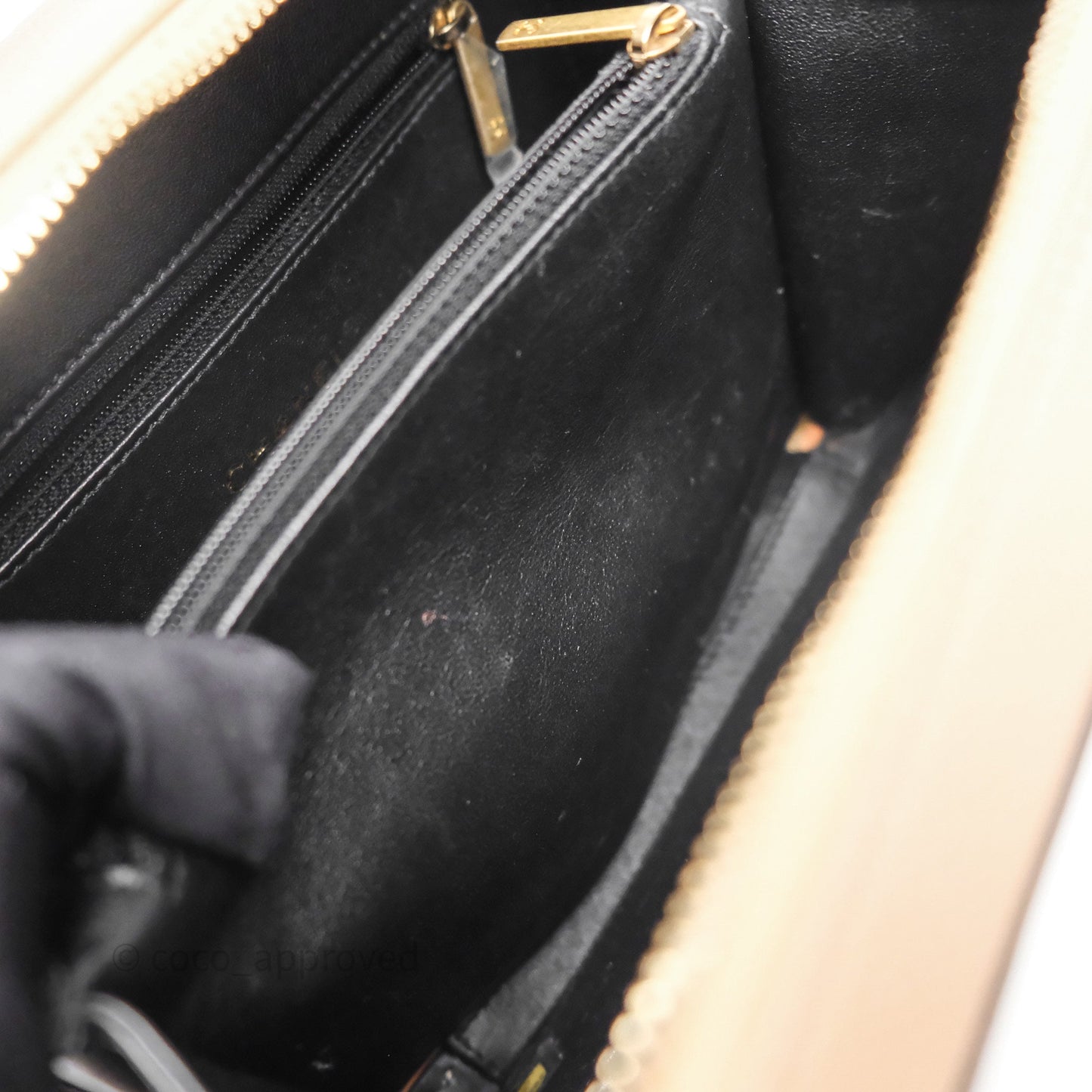 Chanel Quilted Medium CC Filigree Vanity Case Beige Black Caviar Aged Gold Hardware