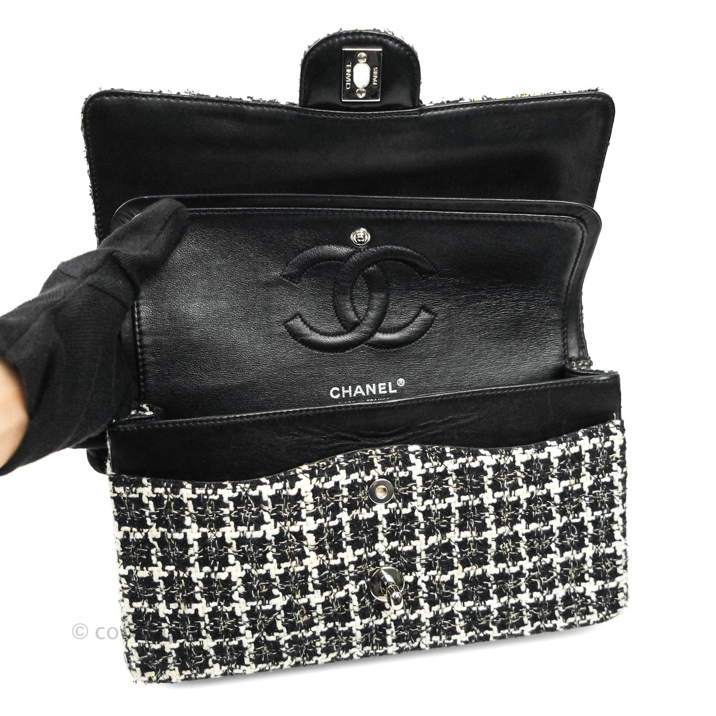 Chanel Classic M/L Medium Quilted Double Flap Bag Lambskin Tweed Black & White Silver Hardware