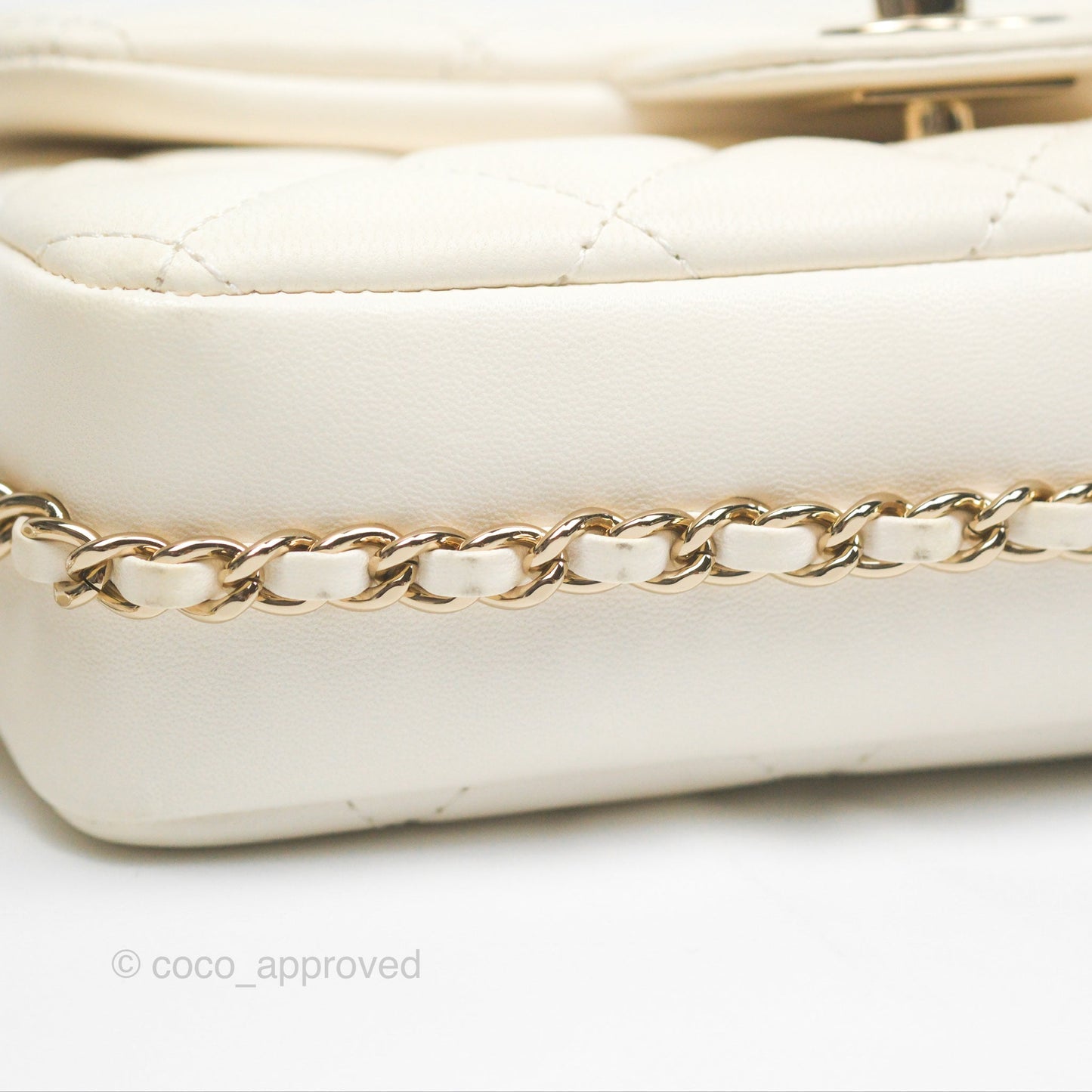 Chanel Small Logo Pearl Chain Flap Bag White Lambskin Gold Hardware