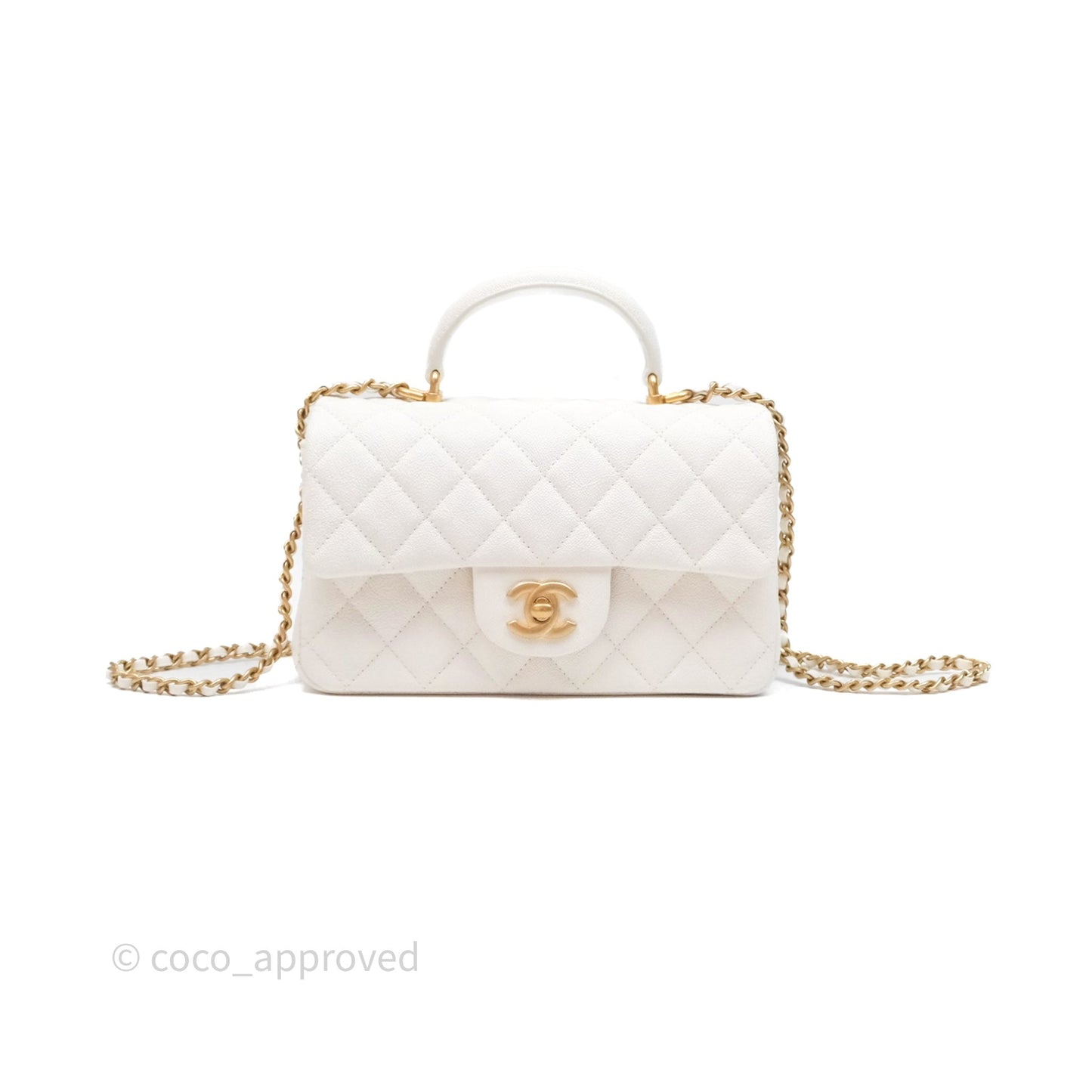 Chanel Top Handle Mini Rectangular Flap Bag Ivory White Caviar Aged Gold Hardware