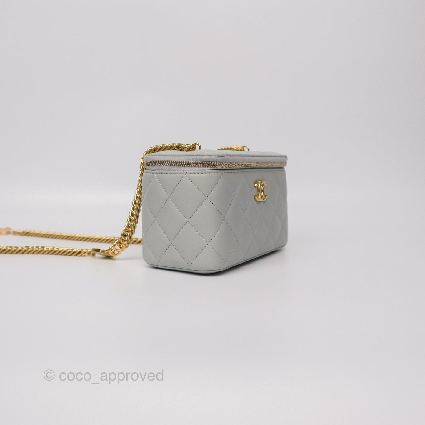 Chanel Quilted Vanity Rectangular with Chain Grey Blue Lambskin Gold Hardware