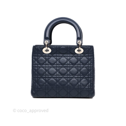 Christian Dior Medium Lady Dior Navy Lambskin Silver Hardware