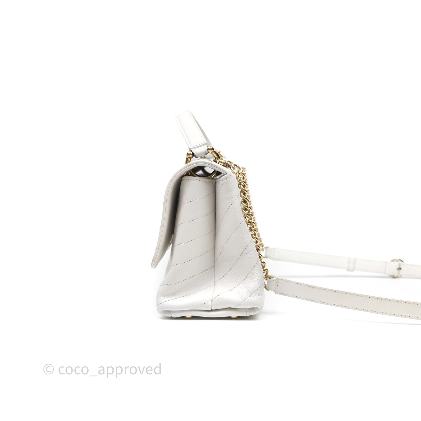 Chanel Small Chevron Chic Top Handle Flap White Calfskin Gold Hardware