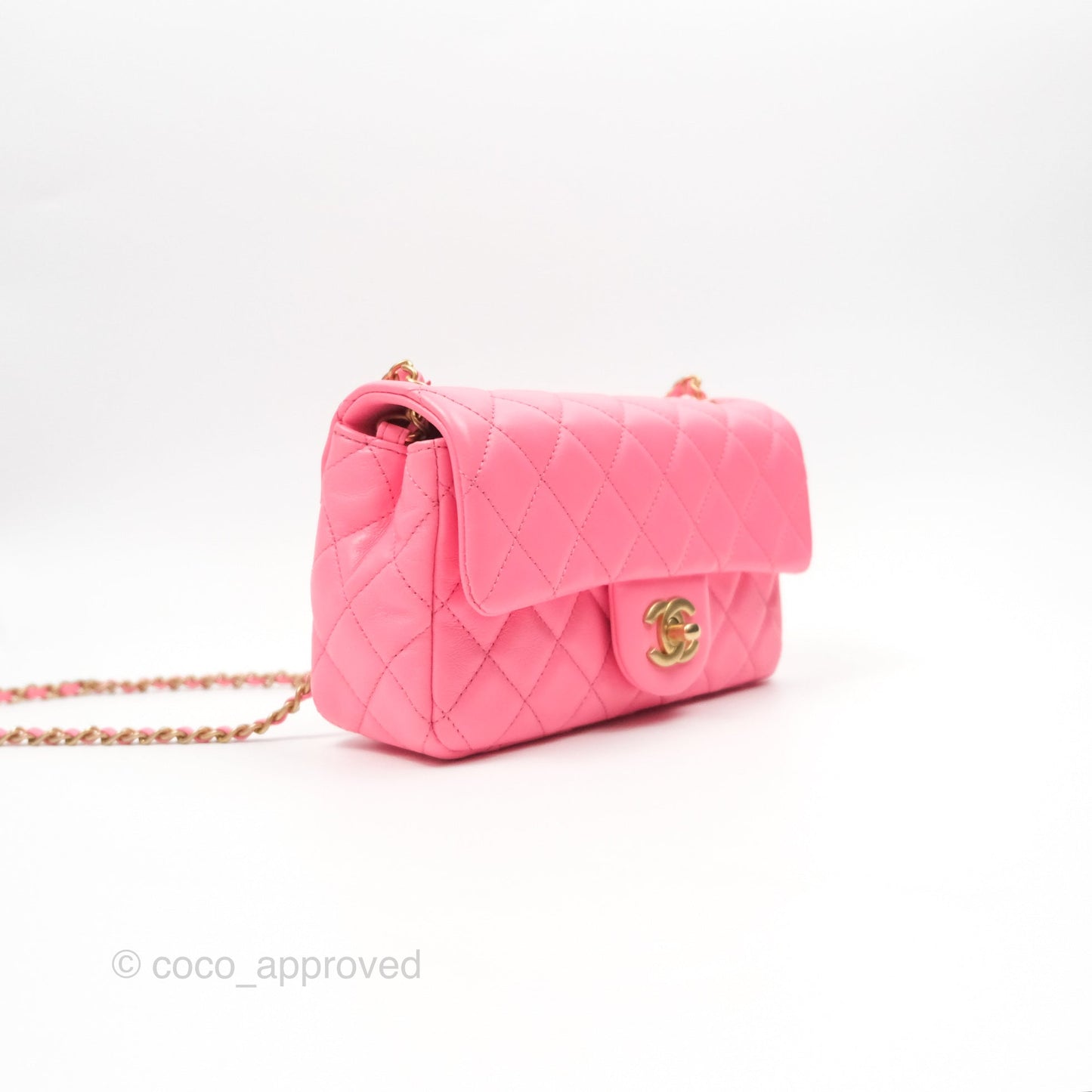 Chanel Mini Rectangular Pearl Crush Quilted Pink Lambskin Aged Gold Hardware