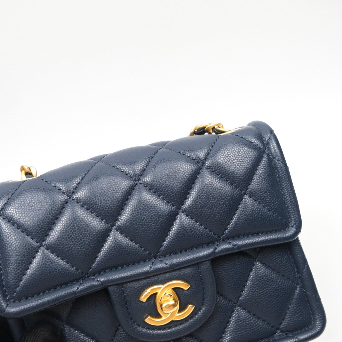 Chanel Mini Square Sweet Quilted Flap Navy Caviar Aged Gold Hardware 21P