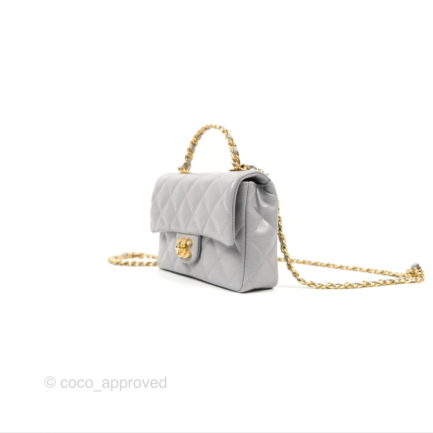 Chanel Top Handle Mini Flap Bag Light Grey Lambskin Gold Hardware 23S