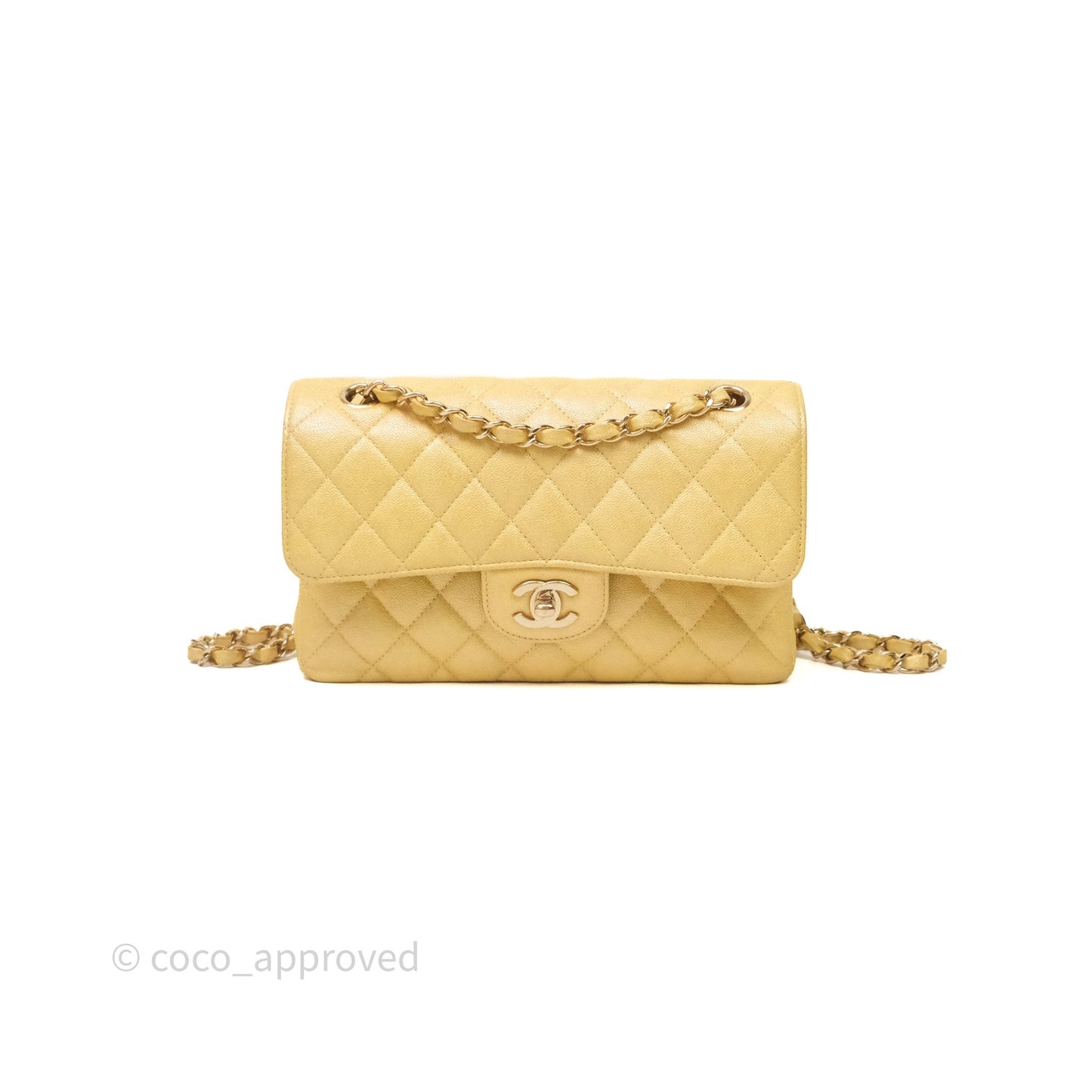 Chanel Small Classic Quilted Flap Iridescent Yellow Caviar Gold Hardware