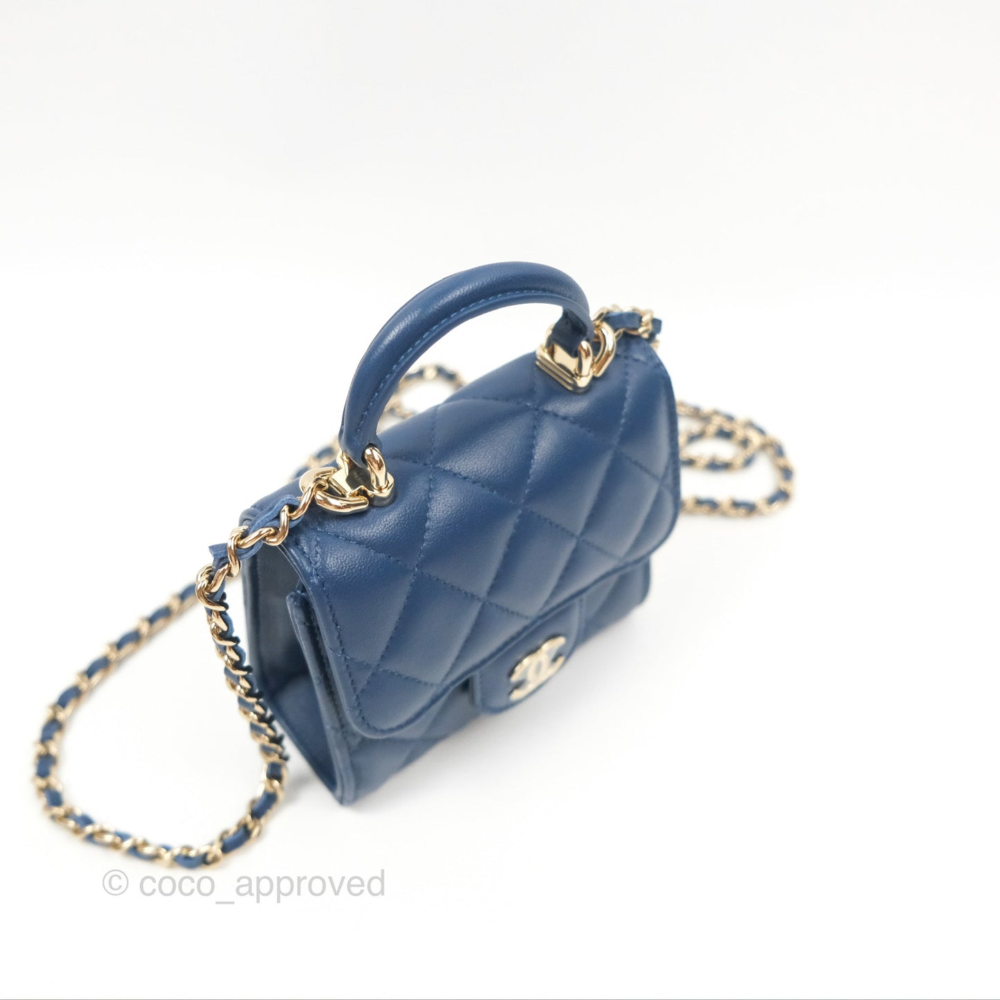 Chanel Mini Handle Clutch With Chain Navy Lambskin Gold Hardware