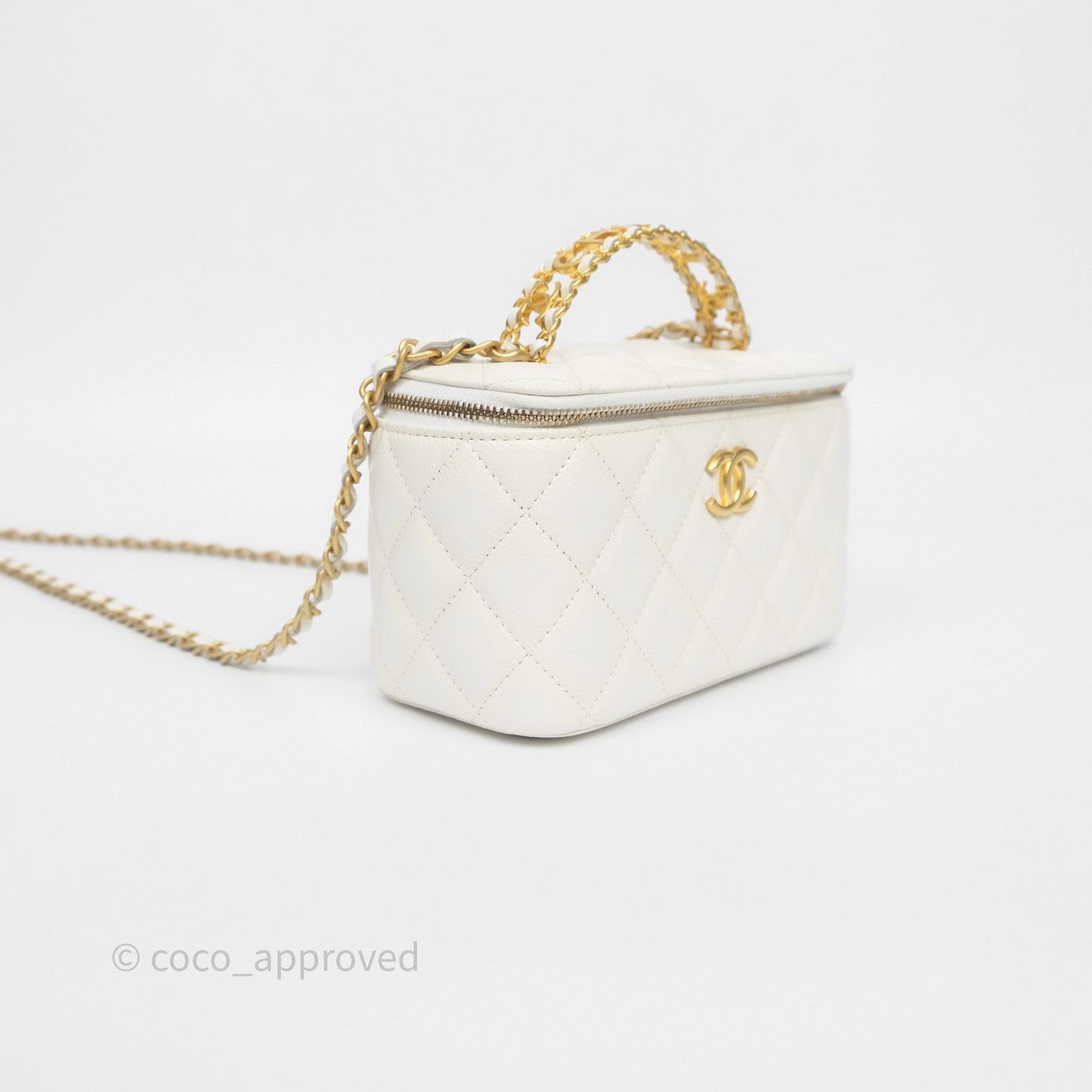Chanel Logo Top Handle Vanity Rectangular White Caviar Aged Gold Hardware