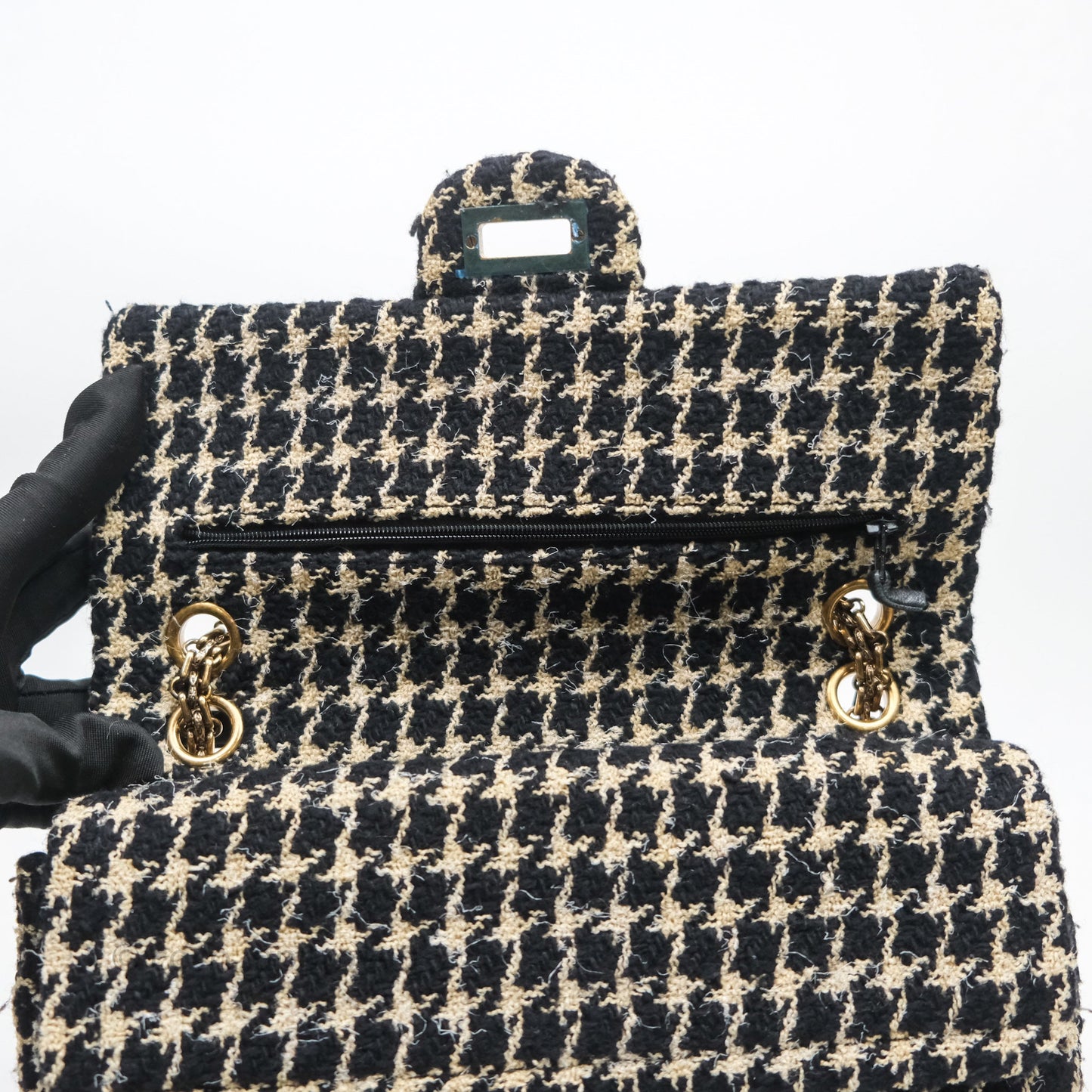 Chanel Reissue 225 Flap Houndstooth Beige Black Fabric Antique Gold Hardware